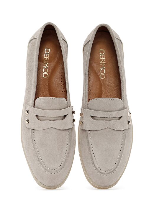 Kadın Vizon Taş Detaylı Süet Deri Loafer 25SFD202210 - Görsel 7