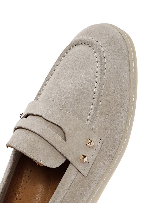 Kadın Vizon Taş Detaylı Süet Deri Loafer 25SFD202210 - Görsel 9