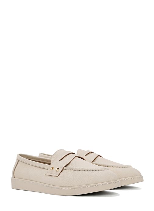 Kadın Bej Taş Detaylı Deri Loafer 25SFD2022FT - Görsel 4