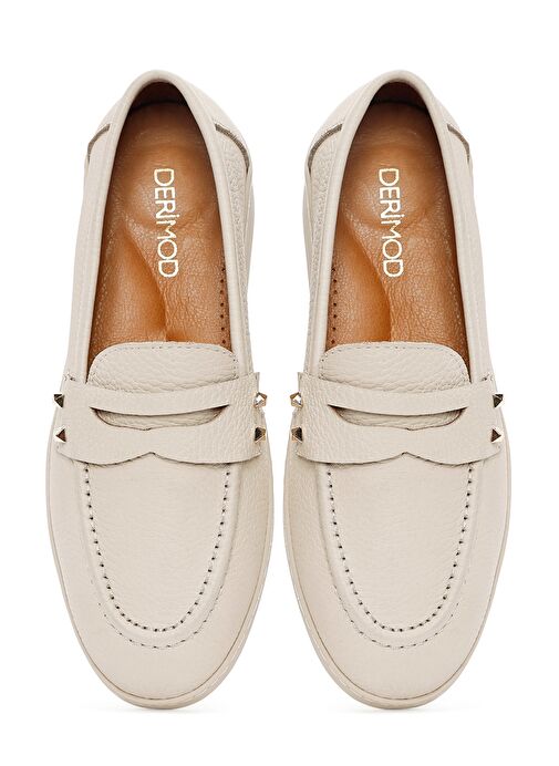 Kadın Bej Taş Detaylı Deri Loafer 25SFD2022FT - Görsel 7