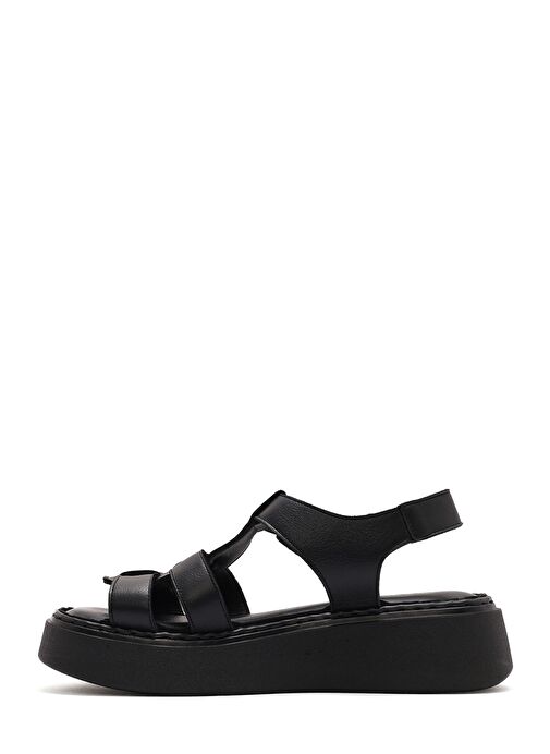 Kadın Siyah Tokalı Kalın Tabanlı Deri Comfort Sandalet 25SFD343018 - Görsel 3