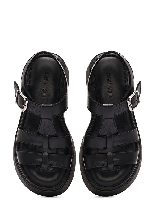 Kadın Siyah Tokalı Kalın Tabanlı Deri Comfort Sandalet 25SFD343018 - Görsel 8