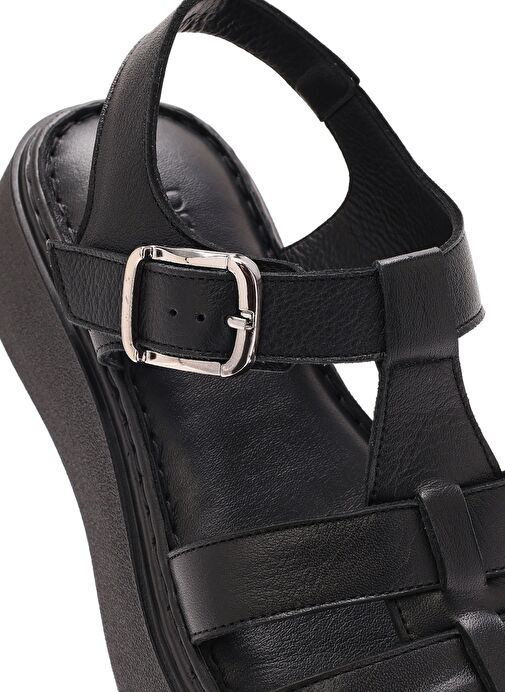 Kadın Siyah Tokalı Kalın Tabanlı Deri Comfort Sandalet 25SFD343018 - Görsel 9