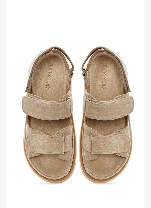 Kadın Bej Çift Bantlı Süet Deri Sandalet 25SFD152910 - Görsel 4