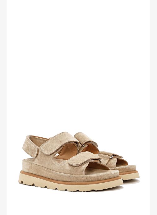 Kadın Bej Çift Bantlı Süet Deri Sandalet 25SFD152910 - Görsel 2