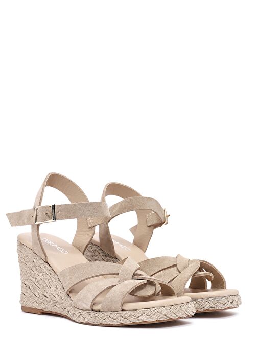 Kadın Krem Bilekten Bağlamalı Dolgu Topuklu Süet Deri Espadril 25SFD153310 - Görsel 4