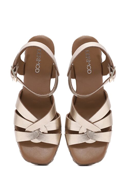 Kadın Altın Bilekten Tokalı Dolgu Topuklu Metalik Deri Espadril Sandalet 25SFD153332 - Görsel 9