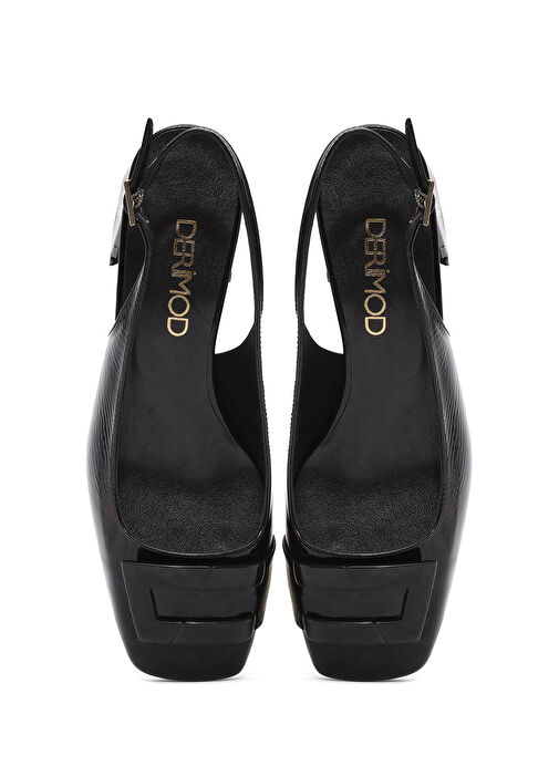 Kadın Siyah Arkadan Bağlamalı Deri Kalın Topuklu Ayakkabı 25SFD182616 - Görsel 9