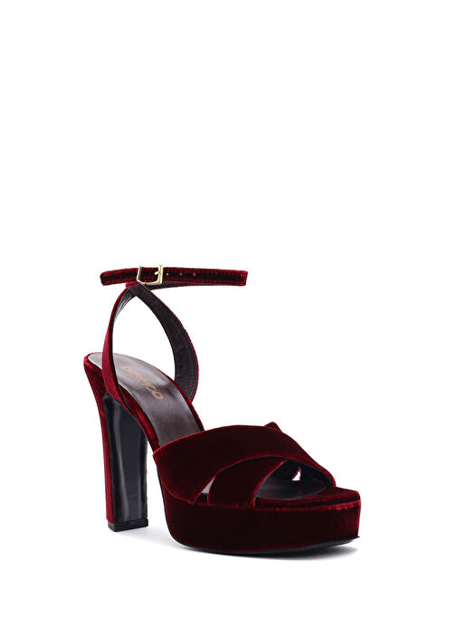 Derimod Derimod Kadın Bordo Bilekten Tokalı Platform Yüksek Kalın Topuklu Kadife Sandalet 24WFD12316F Sandalet & Terlik | Boyner Bordo - 8. görsel