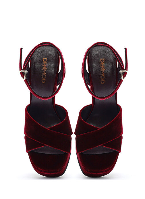 Derimod Derimod Kadın Bordo Bilekten Tokalı Platform Yüksek Kalın Topuklu Kadife Sandalet 24WFD12316F Sandalet & Terlik | Boyner Bordo - 9. görsel