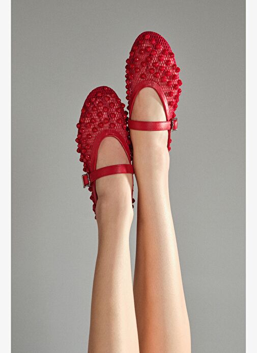 Kadın Kırmızı Tokalı Taşlı File Babet 25SFD444314 - Görsel 2