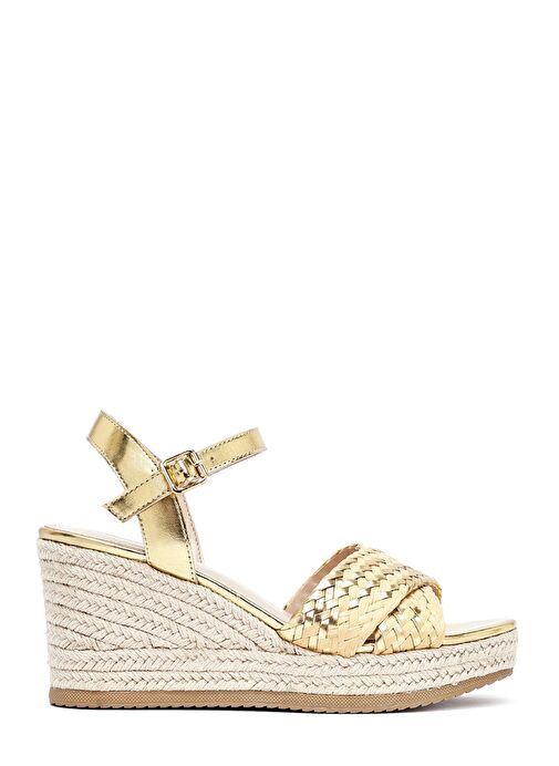 Kadın Altın Bilekten Tokalı Örgülü Dolgu Topuklu Espadril Sandalet 25SFE482614 - Görsel 2