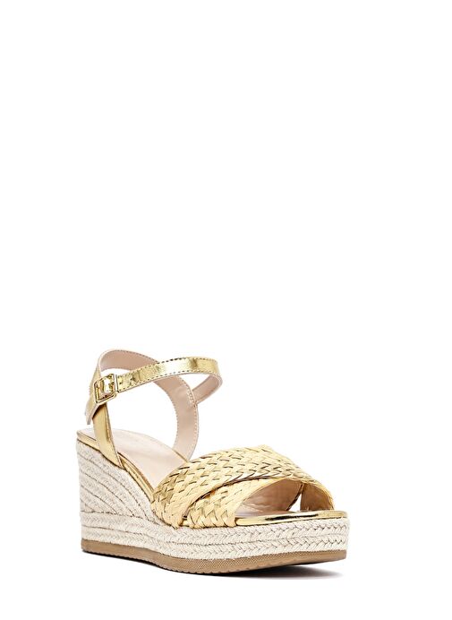 Kadın Altın Bilekten Tokalı Örgülü Dolgu Topuklu Espadril Sandalet 25SFE482614 - Görsel 8