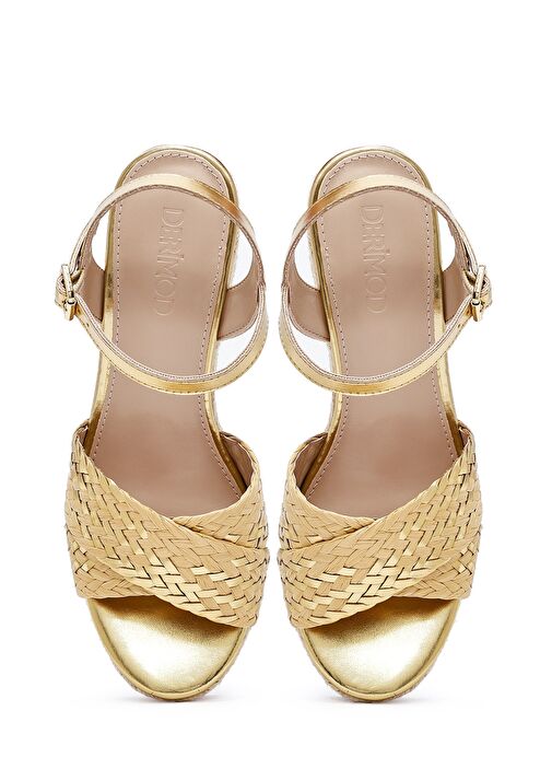 Kadın Altın Bilekten Tokalı Örgülü Dolgu Topuklu Espadril Sandalet 25SFE482614 - Görsel 9