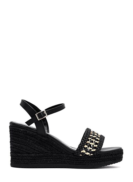 Kadın Siyah Bilekten Tokalı Örgülü Dolgu Topuklu Espadril Sandalet 25SFE482729 - Görsel 2