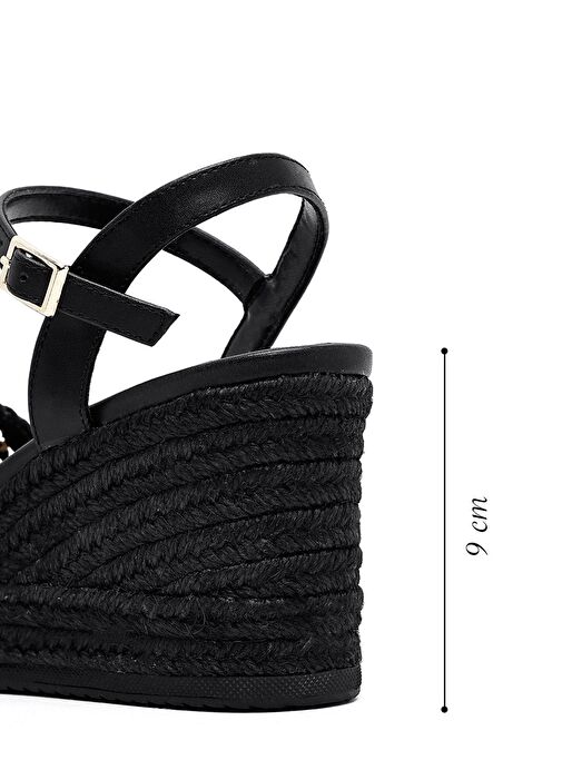 Kadın Siyah Bilekten Tokalı Örgülü Dolgu Topuklu Espadril Sandalet 25SFE482729 - Görsel 3