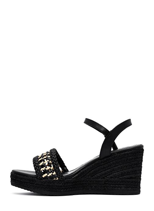 Kadın Siyah Bilekten Tokalı Örgülü Dolgu Topuklu Espadril Sandalet 25SFE482729 - Görsel 5