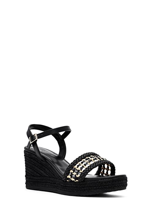 Kadın Siyah Bilekten Tokalı Örgülü Dolgu Topuklu Espadril Sandalet 25SFE482729 - Görsel 8