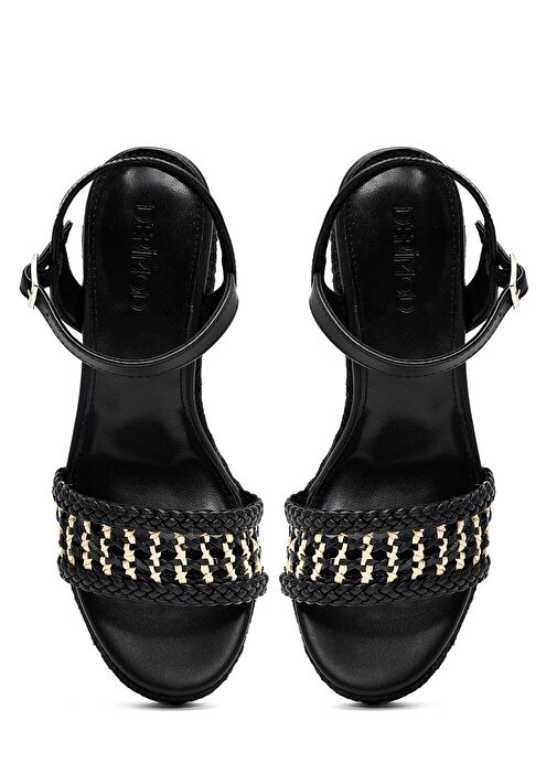 Kadın Siyah Bilekten Tokalı Örgülü Dolgu Topuklu Espadril Sandalet 25SFE482729 - Görsel 9
