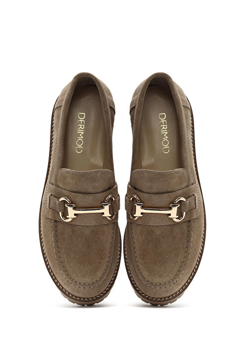 Kadın Bej Kalın Tabanlı Aksesuarlı Süet Deri Maskülen Loafer 25SFD180210 - Görsel 8