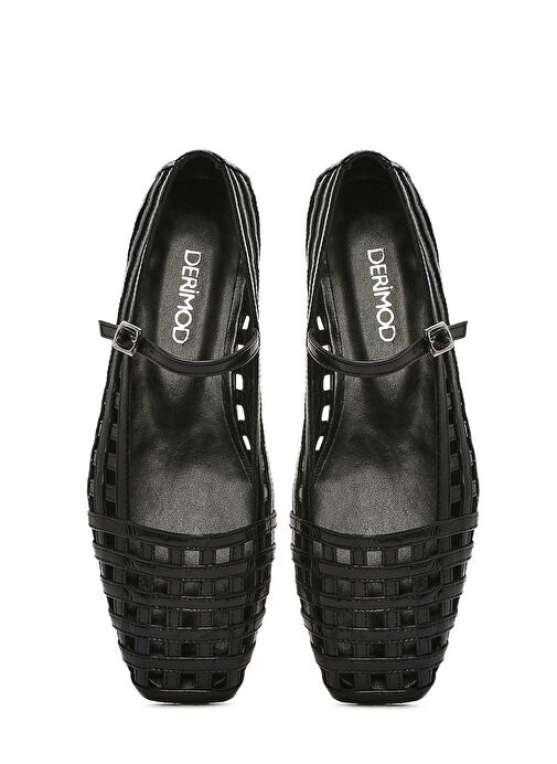 Kadın Siyah Bantlı Rugan Deri Babet 25SFD182516 - Görsel 8