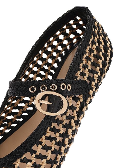 Kadın Siyah Tokalı Hasır Deri Babet 25SFD5511M7 - Görsel 9