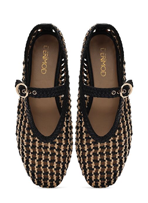 Kadın Siyah Tokalı Hasır Deri Babet 25SFD5511M7 - Görsel 8