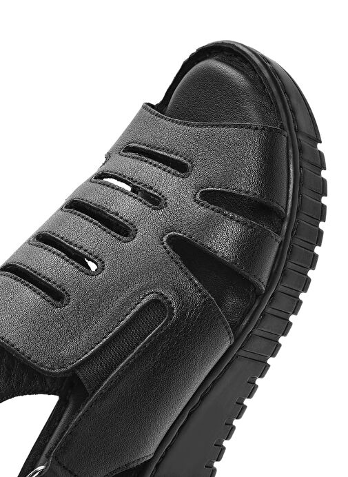 Kadın Siyah Kalın Tabanlı Deri Comfort Sandalet 25SFD410618 - Görsel 9