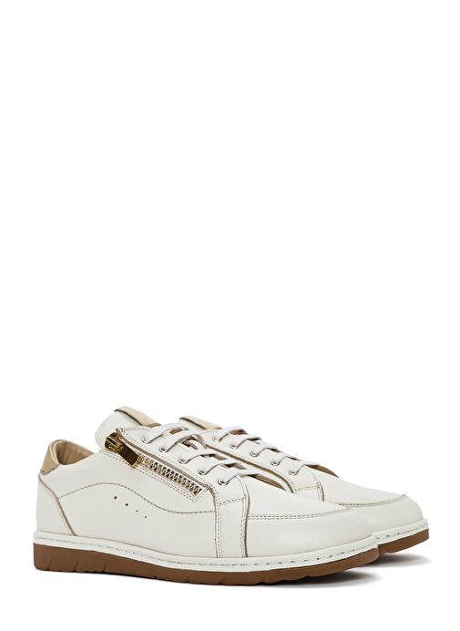 Kadın Krem Bağcıklı Deri Sneaker 25SFD411418 - Görsel 4