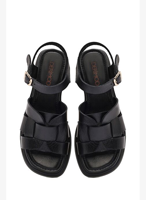 Kadın Siyah Bilekten Tokalı Kısa Kalın Topuklu Deri Sandalet 25SFD130918 - Görsel 9