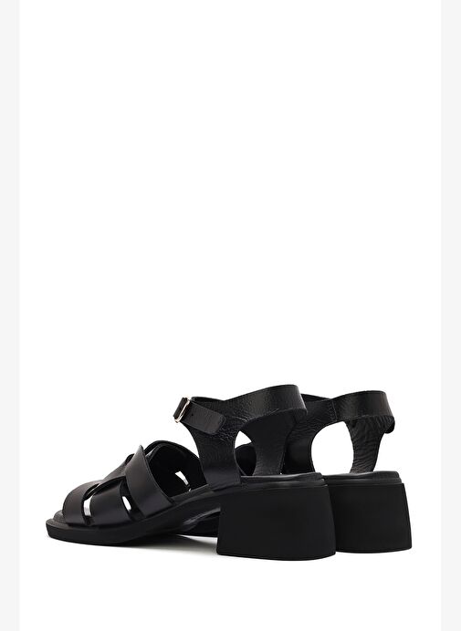 Kadın Siyah Bilekten Tokalı Kısa Kalın Topuklu Deri Sandalet 25SFD130918 - Görsel 7