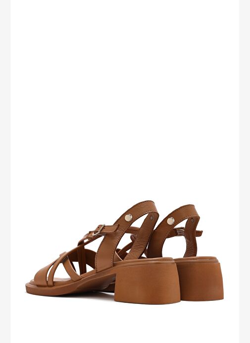 Kadın Taba Bilekten Tokalı Kısa Kalın Topuklu Deri Sandalet 25SFD131018 - Görsel 7