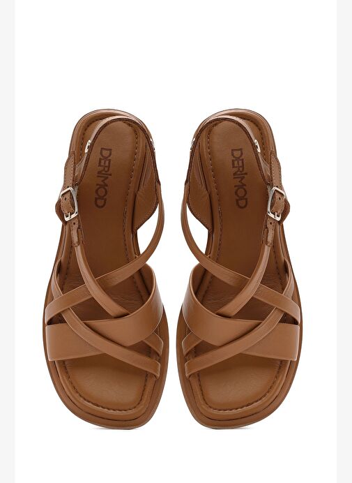 Kadın Taba Bilekten Tokalı Kısa Kalın Topuklu Deri Sandalet 25SFD131018 - Görsel 9