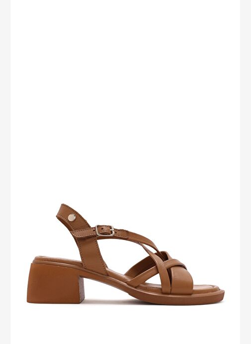 Kadın Taba Bilekten Tokalı Kısa Kalın Topuklu Deri Sandalet 25SFD131018 - Görsel 2