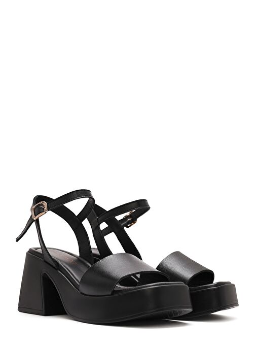 Kadın Siyah Bilekten Tokalı Kalın Topuklu Platformlu Deri Sandalet 25SFD131318 - Görsel 4