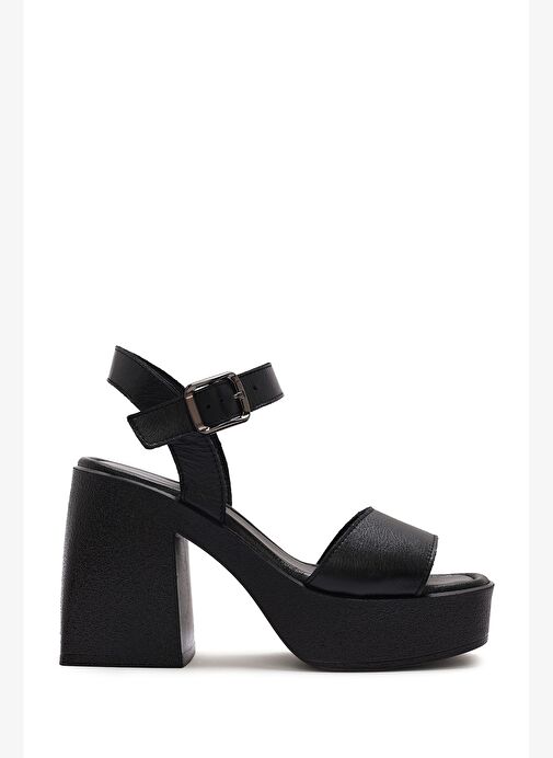 Kadın Siyah Bilekten Tokalı Platform Kalın Yüksek Kalın Topuklu Deri Sandalet 25SFD131418 - Görsel 2