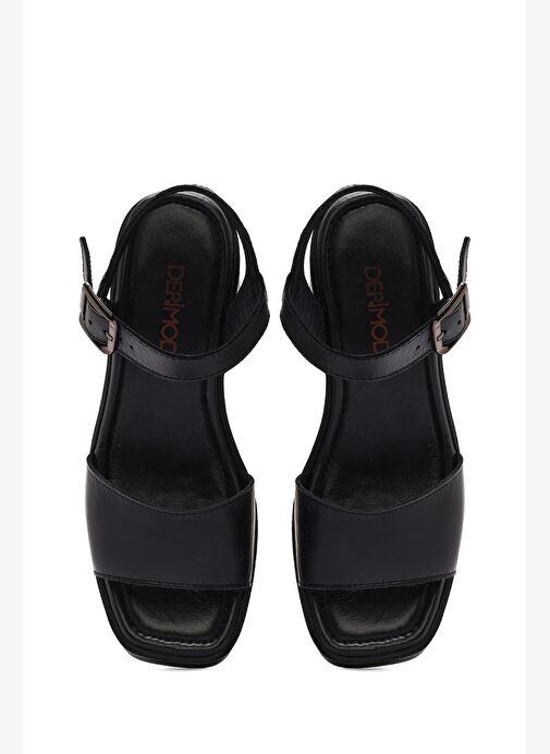 Kadın Siyah Bilekten Tokalı Platform Kalın Yüksek Kalın Topuklu Deri Sandalet 25SFD131418 - Görsel 9