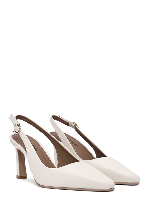 Kadın Krem Bilekten Tokalı Arkası Açık Topuklu Deri Ayakkabı 25SFD132118 - Görsel 4