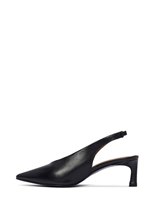 Kadın Siyah Arkası Açık Lastikli İnce Kısa Topuklu Deri Ayakkabı 25SFD132218 - Görsel 5