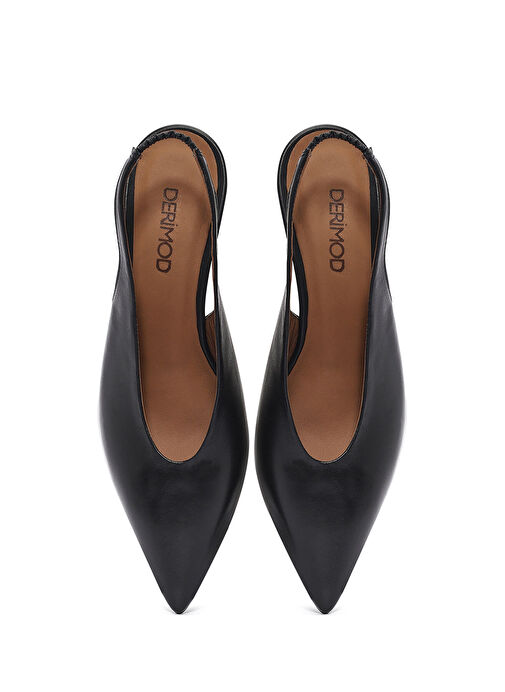 Kadın Siyah Arkası Açık Lastikli İnce Kısa Topuklu Deri Ayakkabı 25SFD132218 - Görsel 8