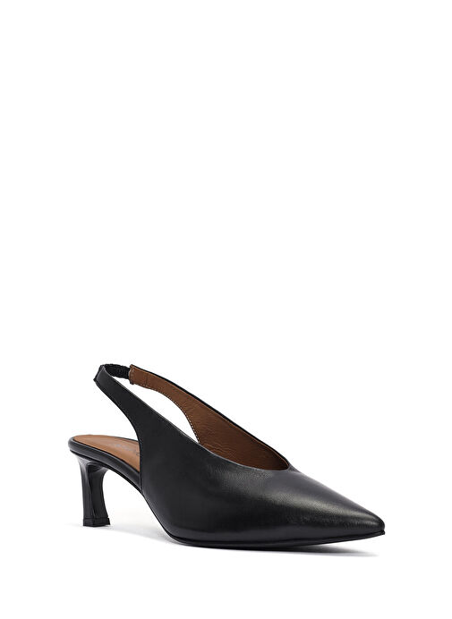 Kadın Siyah Arkası Açık Lastikli İnce Kısa Topuklu Deri Ayakkabı 25SFD132218 - Görsel 9
