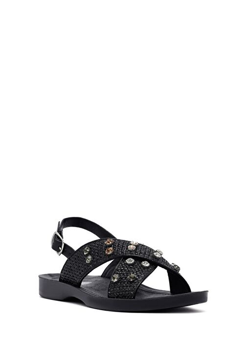 Kadın Siyah Taşlı Hasır Sandalet 25SFE4648M7 - Görsel 7