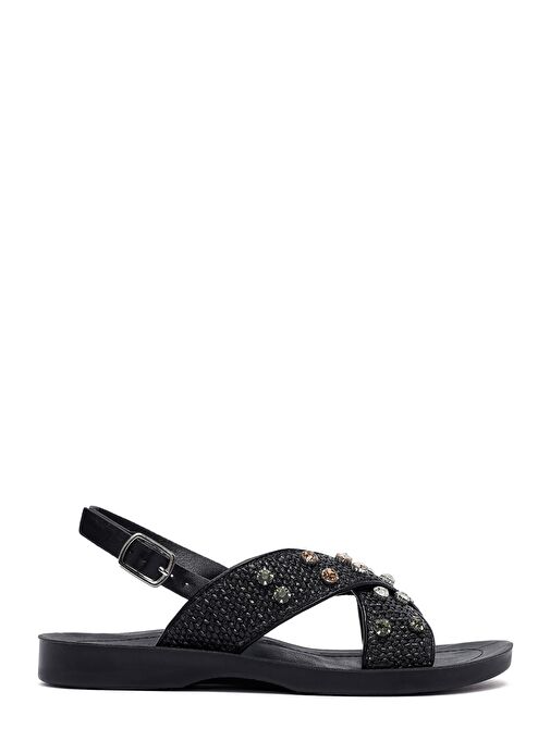Kadın Siyah Taşlı Hasır Sandalet 25SFE4648M7 - Görsel 2