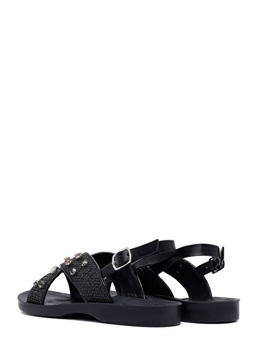 Kadın Siyah Taşlı Hasır Sandalet 25SFE4648M7 - Görsel 6
