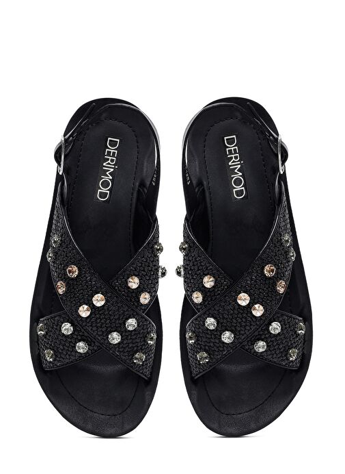 Kadın Siyah Taşlı Hasır Sandalet 25SFE4648M7 - Görsel 8