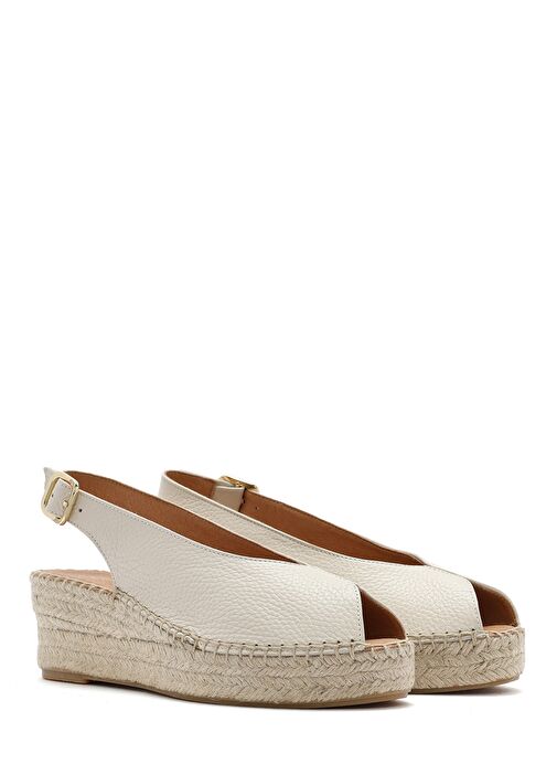 Kadın Krem Bilekten Tokalı Dolgu Topuklu Deri Espadril Sandalet 25SFD45766F - Görsel 5