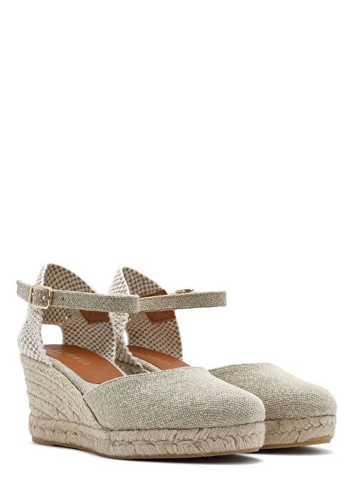 Kadın Bej Bilekten Tokalı Dolgu Topuklu Kumaş Espadril Sandalet 25SFD45756F - Görsel 5
