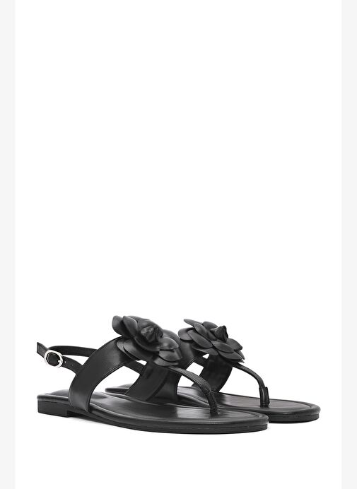 Kadın Siyah Çiçek Detaylı Parmak Arası Sandalet 25SFE401218 - Görsel 4