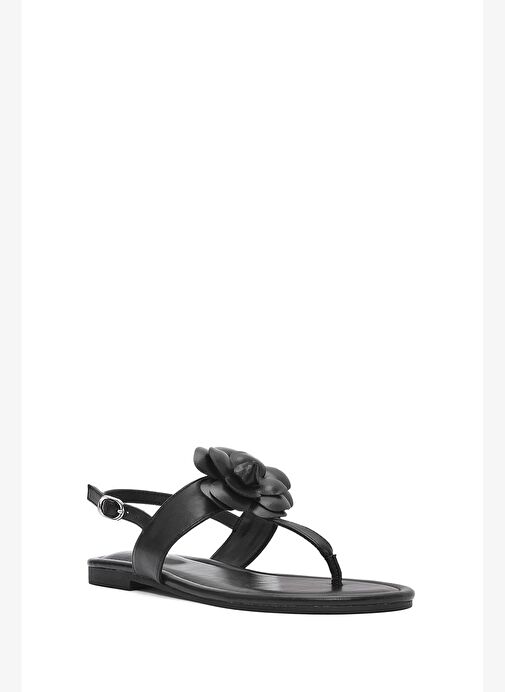 Kadın Siyah Çiçek Detaylı Parmak Arası Sandalet 25SFE401218 - Görsel 6