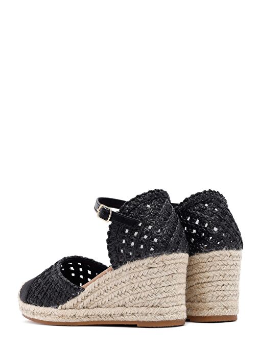 Kadın Siyah Bilekten Tokalı Örgülü Dolgu Topuklu Espadril Sandalet 25SFE401929 - Görsel 7